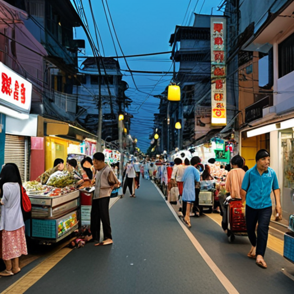 **

Prompt: A bustling modern Vietnamese city street at twilight. Smart public transportation moving efficiently. People shopping online via phones, but appearing rushed and stressed. Juxtapose modern convenience with a feeling of lost tranquility. Hint at a missing slower pace of life.

**