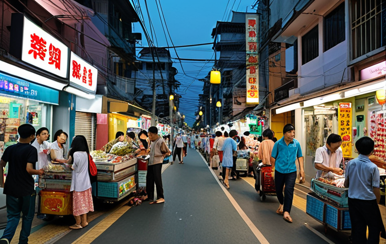 **
Prompt: A bustling modern Vietnamese city street at twilight. Smart public transportation moving efficiently. People shopping online via phones, but appearing rushed and stressed. Juxtapose modern convenience with a feeling of lost tranquility. Hint at a missing slower pace of life.
**