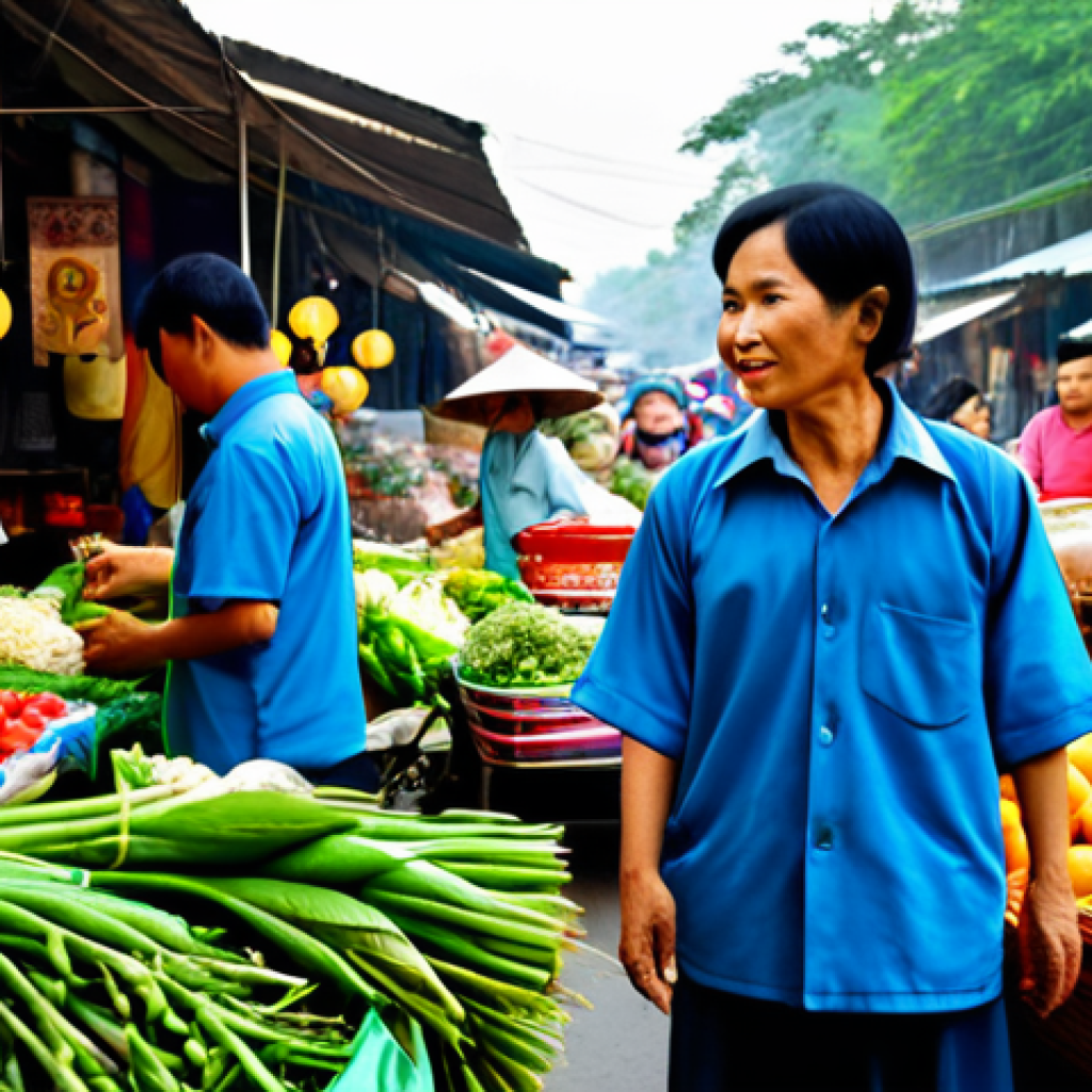 테크노피아와 정보의 비대칭성 - **A bustling scene at a traditional Vietnamese market (chợ)**: Vendors in ao dai selling fresh produ...