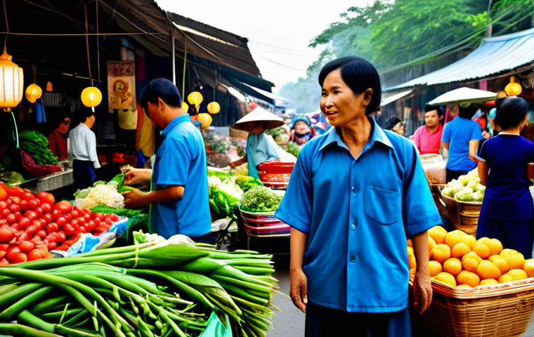 테크노피아와 정보의 비대칭성 - **A bustling scene at a traditional Vietnamese market (chợ)**: Vendors in ao dai selling fresh produ...