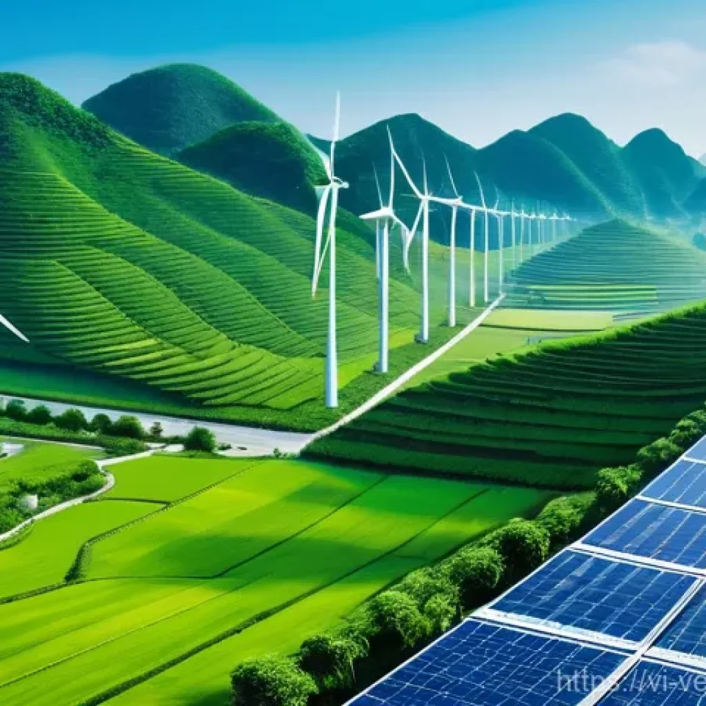 테크노피아와 기후 변화의 상관관계 - **Prompt:** A panoramic view of a vast, futuristic green energy landscape in Vietnam. Giant, elegant...