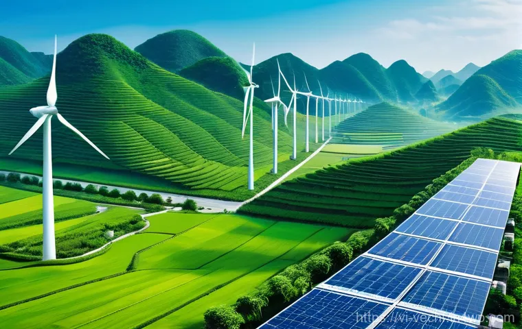테크노피아와 기후 변화의 상관관계 - **Prompt:** A panoramic view of a vast, futuristic green energy landscape in Vietnam. Giant, elegant...