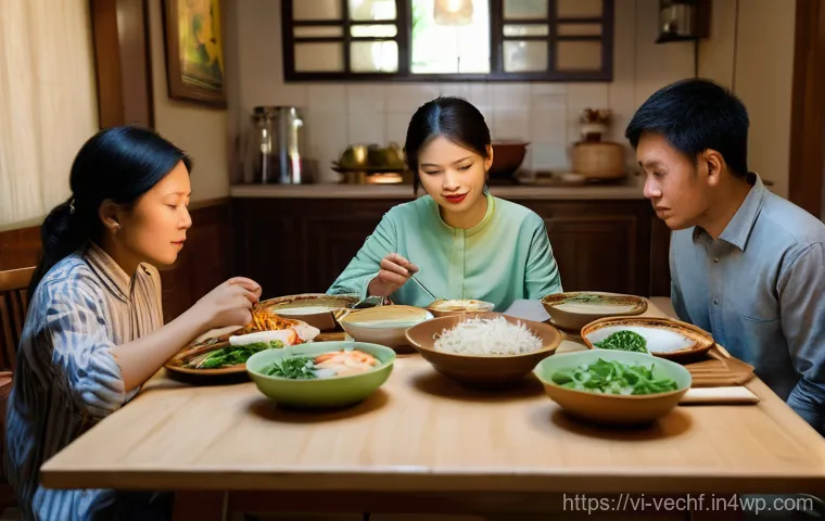 테크노피아 비판의 실천적 접근 - **"Silent Disconnect at a Vietnamese Family Dinner"**:
A warm, inviting scene of a traditional V...