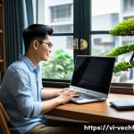 테크노피아와 기술 변화의 사회적 영향 - A modern Vietnamese home office setting illustrating remote work culture: a young Vietnamese profess...