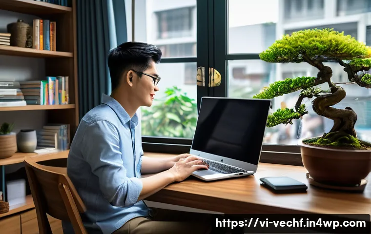 테크노피아와 기술 변화의 사회적 영향 - A modern Vietnamese home office setting illustrating remote work culture: a young Vietnamese profess...