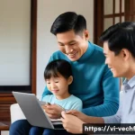 테크노피아와 변화하는 가족 구조 - A modern Vietnamese family in a cozy living room using digital devices for education and communicati...