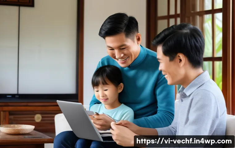 테크노피아와 변화하는 가족 구조 - A modern Vietnamese family in a cozy living room using digital devices for education and communicati...