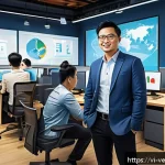 테크노피아의 정치적 활용에 대한 비판 - A detailed digital illustration of a modern Vietnamese tech startup office where diverse engineers a...