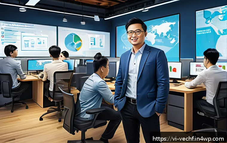 테크노피아의 정치적 활용에 대한 비판 - A detailed digital illustration of a modern Vietnamese tech startup office where diverse engineers a...