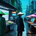 테크노피아에서의 민주주의 위기 - A detailed futuristic cityscape illustrating the shift of social power from humans to machines, feat...