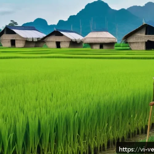 테크노피아 비판의 지역적 관점 - A Vietnamese rural farmer wearing practical work clothes and a conical hat, standing in a lush green...