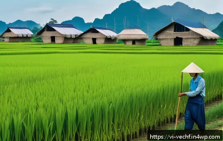 테크노피아 비판의 지역적 관점 - A Vietnamese rural farmer wearing practical work clothes and a conical hat, standing in a lush green...